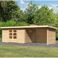 Abri De Jardin 11,49m² En Bois Massif 40mm Trittau 5 Avec Appentis 330cm, Paroi Arrière Et Latérale – Karibu