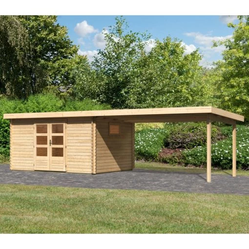 Abri De Jardin 11,49m² En Bois Massif 40mm Trittau 5 Avec Appentis 440cm – Karibu -Boutique De Jardin abri de jardin 1149m en bois massif 40mm trittau 5 avec appentis 440cm woodfeeling