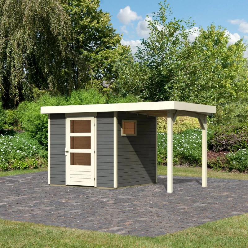 Abri De Jardin En Bois Gris Terre 4,62m² Freiburg 2 Avec Appentis De 1,50 M - Karibu 4 Abri De Jardin En Bois Gris Terre 4,62m² Freiburg 2 Avec Appentis De 1,50 M - Karibu – Image 2