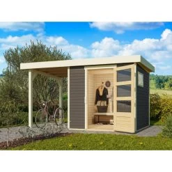 Abri De Jardin En Bois Gris Terre 4,62m² Freiburg 2 Avec Appentis De 1,50 M - Karibu