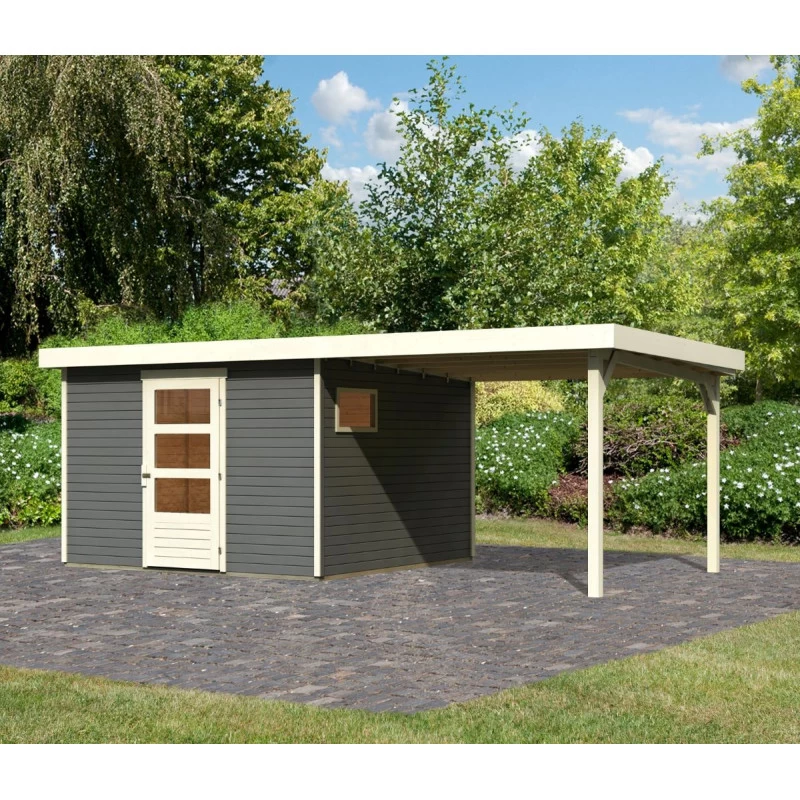 Abri De Jardin En Bois Gris Terre 9,24m² Freiburg 6 Avec Appentis De 2,80 M - Karibu 3 Abri De Jardin En Bois Gris Terre 9,24m² Freiburg 6 Avec Appentis De 2,80 M - Karibu