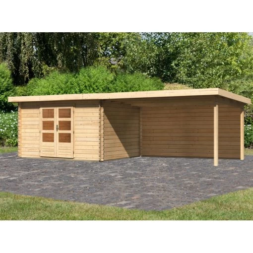 Abri De Jardin En Bois Massif 10,60m² Bastrup 7 Avec Appentis 400cm Et Paroi Arrière – Karibu -Boutique De Jardin abri de jardin en bois massif 1060m bastrup 7 avec appentis 400cm et paroi arriere woodfeeling