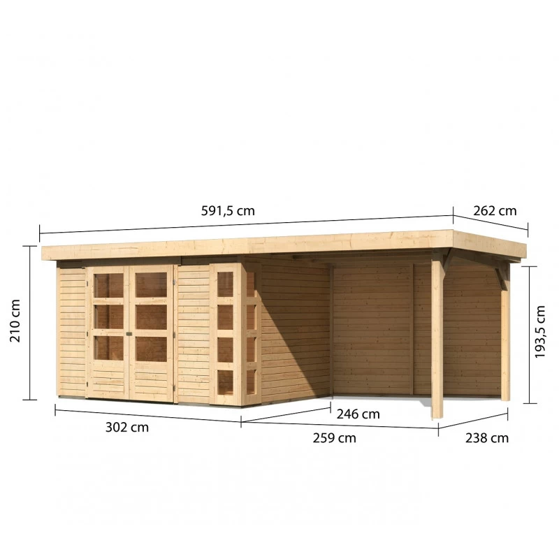 Abri De Jardin En Bois Massif 7,43m² Kerko 5 Avec Appentis 280cm Et Paroi Arrière – Karibu 4 Abri De Jardin En Bois Massif 7,43m² Kerko 5 Avec Appentis 280cm Et Paroi Arrière – Karibu – Image 2