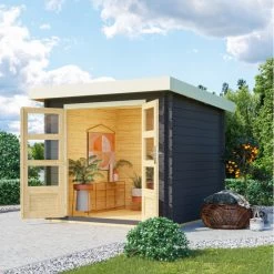 Abri De Jardin En Bois Massif Anthracite 5,62m² Bastrup 2 – Karibu -Boutique De Jardin abri de jardin en bois massif anthracite 562m bastrup 2 woodfeeling 2