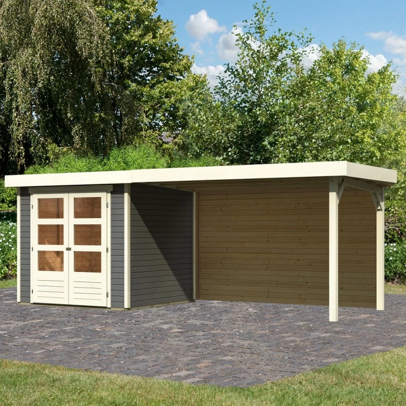 Abri De Jardin En Bois Massif Gris Terre 4,62m² Askola 2 Avec Appentis 280cm Et Paroi Arrière – Karibu 3 Abri De Jardin En Bois Massif Gris Terre 4,62m² Askola 2 Avec Appentis 280cm Et Paroi Arrière – Karibu