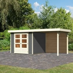 Abri De Jardin En Bois Massif Gris Terre 5,95m² Askola 3,5 Avec Appentis 240cm Et Paroi Arrière - Karibu