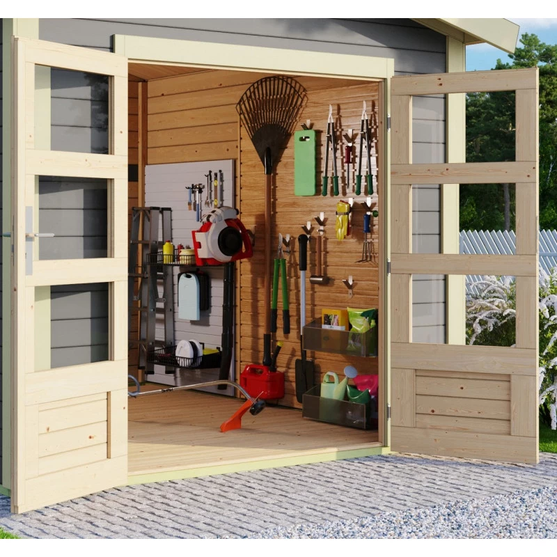 Abri De Jardin En Bois Massif Gris Terre 5,95m² Theres 3 Avec Un Auvent – Karibu 6 Abri De Jardin En Bois Massif Gris Terre 5,95m² Theres 3 Avec Un Auvent – Karibu – Image 4