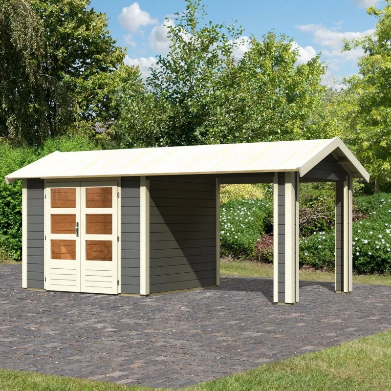 Abri De Jardin En Bois Massif Gris Terre 5,95m² Theres 3 Avec Un Auvent – Karibu 3 Abri De Jardin En Bois Massif Gris Terre 5,95m² Theres 3 Avec Un Auvent – Karibu
