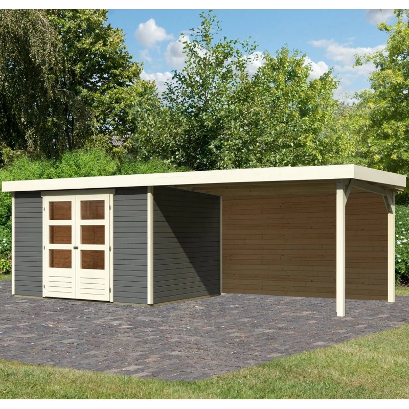 Abri De Jardin En Bois Massif Gris Terre 7,43m² Askola 5 Avec Appentis 280cm Et Paroi Arrière – Karibu 3 Abri De Jardin En Bois Massif Gris Terre 7,43m² Askola 5 Avec Appentis 280cm Et Paroi Arrière – Karibu