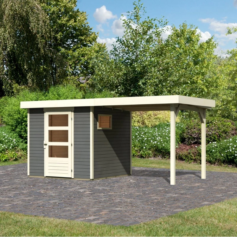 Abri De Jardin En Bois Gris Terre 4,62m² Freiburg 2 Avec Appentis De 2,40 M - Karibu 3 Abri De Jardin En Bois Gris Terre 4,62m² Freiburg 2 Avec Appentis De 2,40 M - Karibu