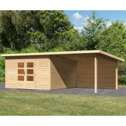 Abri Toit Plat 13,60m² Bois Massif 40mm Northeim 5 Avec Appentis 330cm Et Paroi Arrière – Karibu