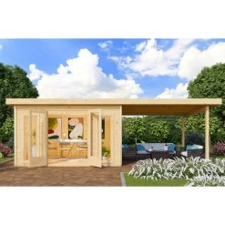 Abri Toit Plat 13,60m² Bois Massif 40mm Radeburg 3 Avec Appentis 330cm – Karibu -Boutique De Jardin abri toit plat 1360m bois massif 40mm radeburg 3 avec appentis 330cm karibu 2