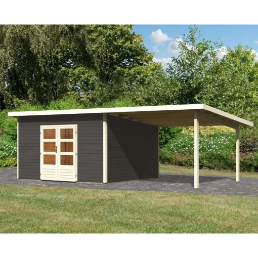 Abri Toit Plat 13,60m² Bois Massif Gris Terre 40mm Northeim 5 Avec Appentis 330cm – Karibu -Boutique De Jardin abri toit plat 1360m bois massif gris terre 40mm northeim 5 avec appentis 330cm woodfeeling 1