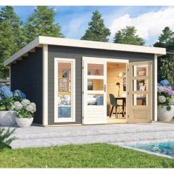 Abri Toit Plat 13,60m² Bois Massif Gris Terre 40mm Northeim 5 – Karibu -Boutique De Jardin abri toit plat 1360m bois massif gris terre 40mm northeim 5 woodfeeling 2