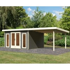 Abri Toit Plat 13,60m² Bois Massif Gris Terre 40mm Radeburg 3 Avec Appentis 330cm – Karibu -Boutique De Jardin abri toit plat 1360m bois massif gris terre 40mm radeburg 3 avec appentis 330cm karibu 1