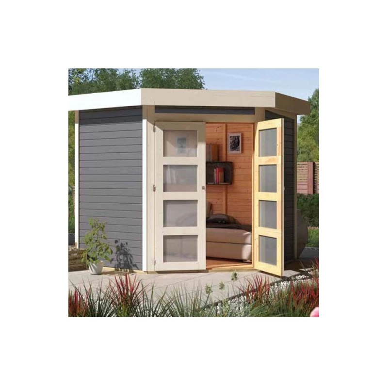 Abri Toit Plat 4,62m² Goldendorf 3 + Auvent En Bois Vitrifié Gris 19mm - Karibu 4 Abri Toit Plat 4,62m² Goldendorf 3 + Auvent En Bois Vitrifié Gris 19mm - Karibu – Image 2
