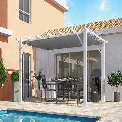 Pergola 100% Aluminium Coloris Blanc 12m² Avec Toile D'ombrage Gris 140gr/m² HABRITA
