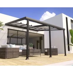 Pergola Adossée 350x400cm En Aluminium Gris Anthracite Et Polycarbonate à Panneaux Coulissants ATHEZZA - Couleurs Du Monde