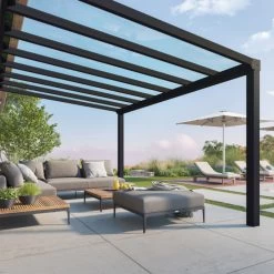 Pergola Adossée Stockholm 350x515cm Aluminium Gris Et Polycarbonate Avec Stores De Toit Rétractables – Palram - Canopia -Boutique De Jardin pergola adossee stockholm 350x515cm aluminium gris et polycarbonate avec stores de toit retractables palram 1