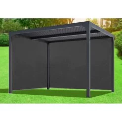 Pergola Bioclimatique Aluminium Anthracite 10,80m² Toit Avec Lames Ovales Aluminium + 2 Rideaux Gris Pour Les Côtés – HABRITA -Boutique De Jardin pergola bioclimatique aluminium anthracite 1080m toit avec lames ovales aluminium 2 rideaux gris pour les cotes habrita 4