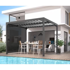 Pergola Bioclimatique Aluminium Anthracite 10,80m² Toit Avec Lames Ovales Aluminium + Rideau Gris Pour Côté 3m HABRITA