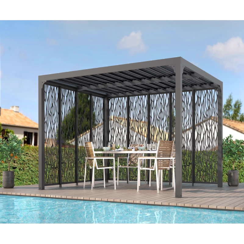 Pergola Bioclimatique Aluminium Anthracite 10,80m² Toit Lames Ovales + Panneaux Moucharabieh Gris Côté 3m+côté 3,60m HABRITA 3 Pergola Bioclimatique Aluminium Anthracite 10,80m² Toit Lames Ovales + Panneaux Moucharabieh Gris Côté 3m+côté 3,60m HABRITA