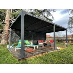 Pergola Bioclimatique Aluminium Anthracite 21,52m² + Toit Avec Lames Ovales + 2 Rideaux Pour Côté 5,98m HABRITA -Boutique De Jardin pergola bioclimatique aluminium anthracite 2152m toit avec lames ovales 2 rideaux pour cote 598m habrita 5
