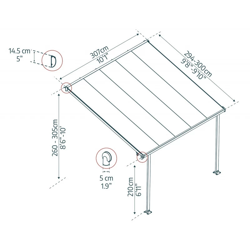 Toit De Terrasse 300x305cm En Aluminium Gris Et Polycarbonate 8mm FERIA - Canopia By Palram 5 Toit De Terrasse 300x305cm En Aluminium Gris Et Polycarbonate 8mm FERIA - Canopia By Palram â Image 3